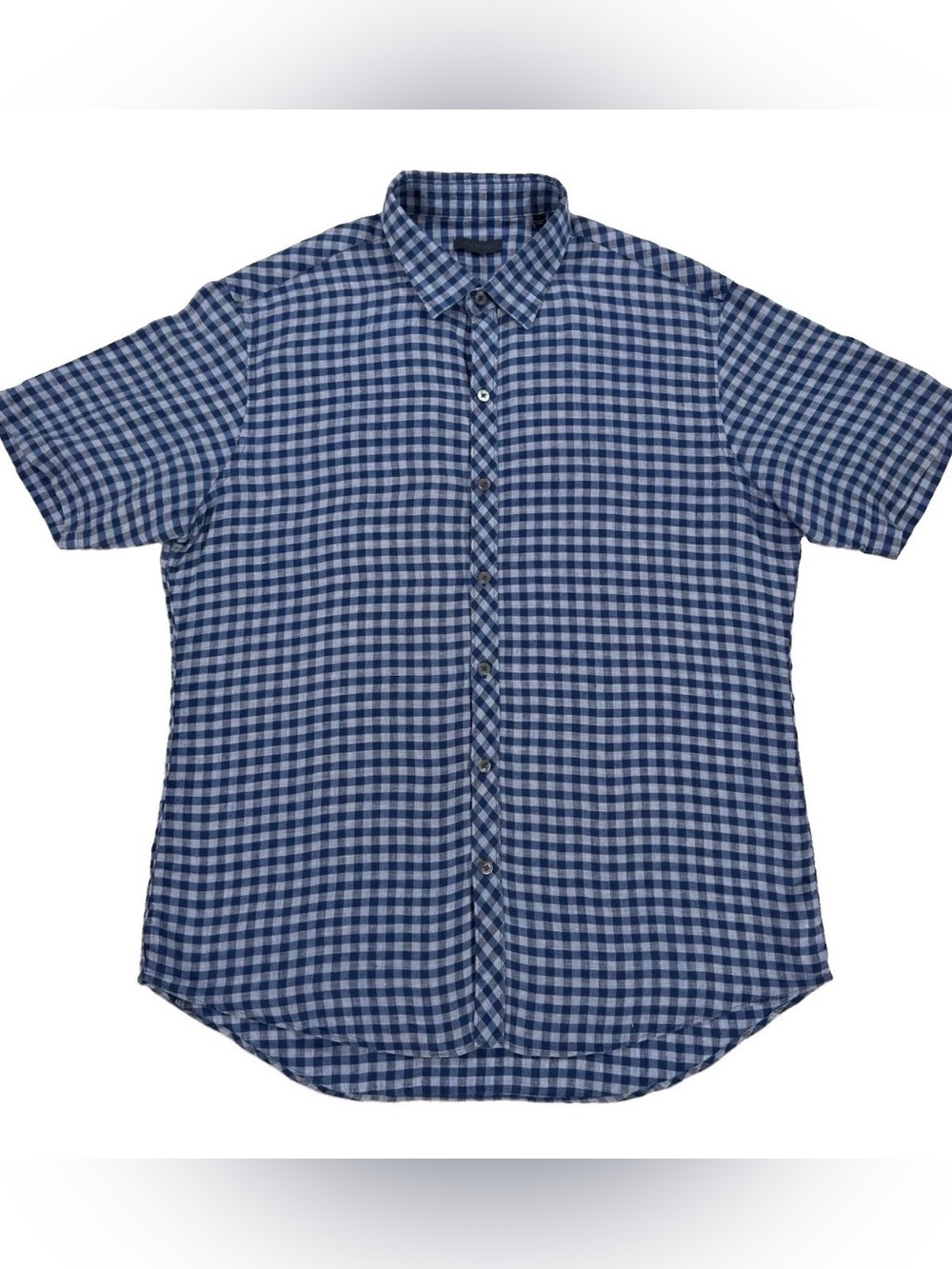 Zachary Prell Men L Shirt Short Sleeve Gingham Blue Plaid 100% Linen Button Down